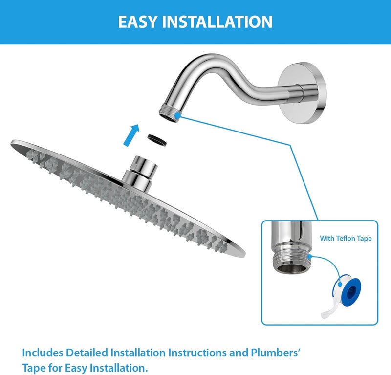 Lordear 8 Inch Chrome Curved Shower Arm Extension With Flange, T304 Stainless Steel Pipe for Rain Shower Heads - Image 3